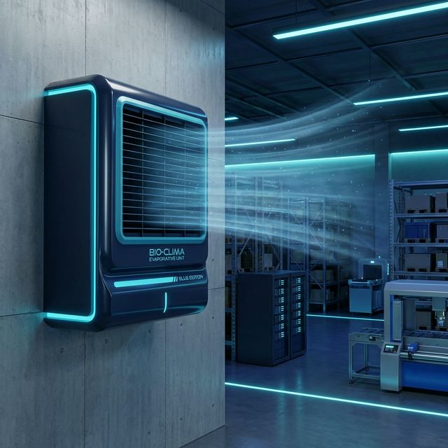 Diagrama técnico de enfriamiento evaporativo — bioclima industrial en Chihuahua
